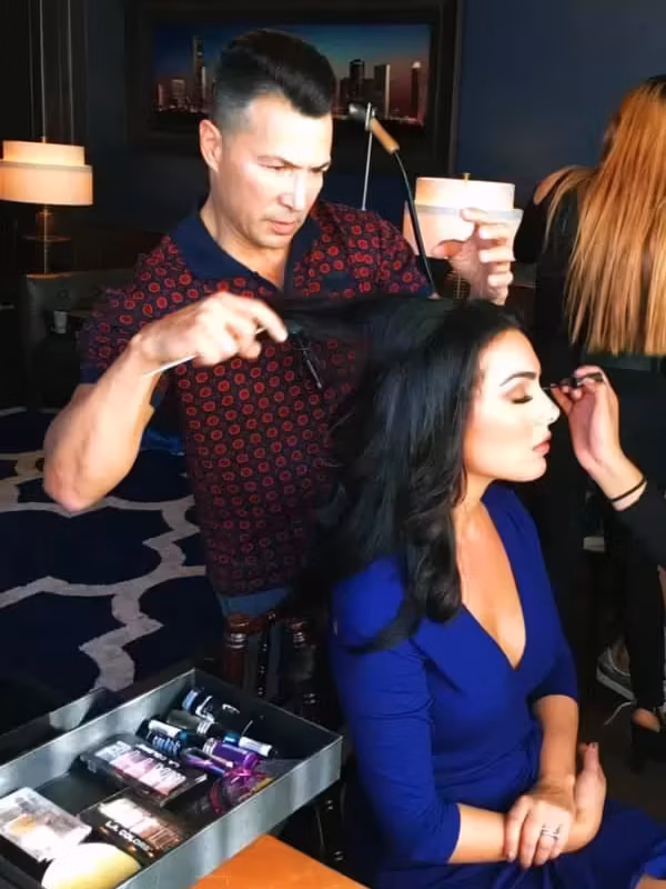 Master Hairstylist Randall Valentino styling Miss Texas for a fashion event in River Oaks, Houston.